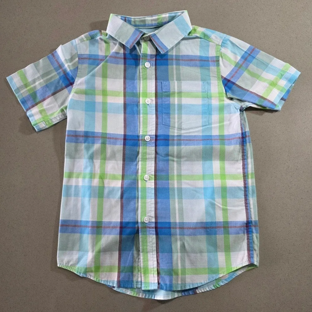 Cat & Jack Boys Blue Green Plaid Short Sleeve Button Down Shirt Size M 8-10